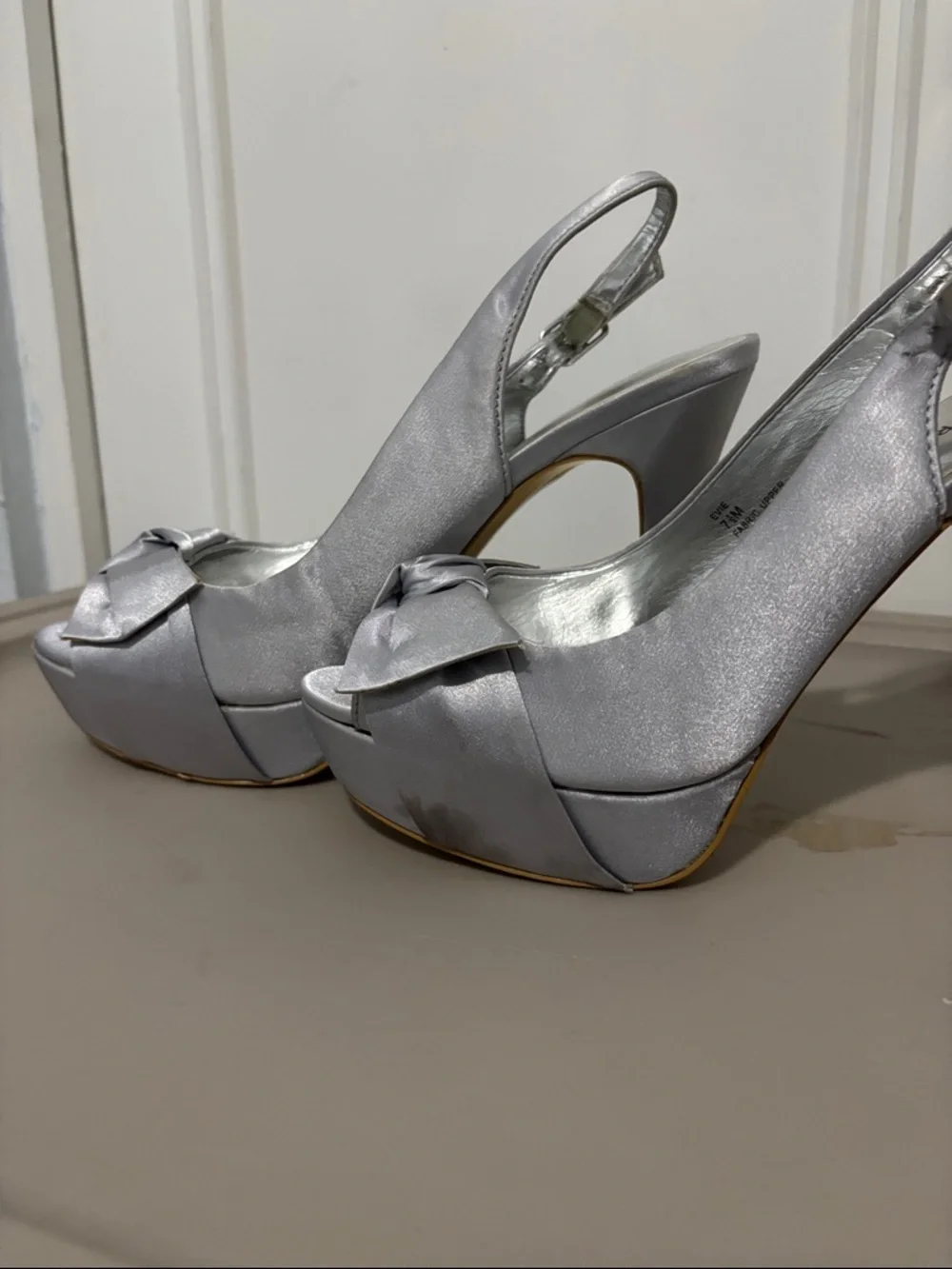 Silver Satin Peep-Toe Slingback Heels with Knot Detail